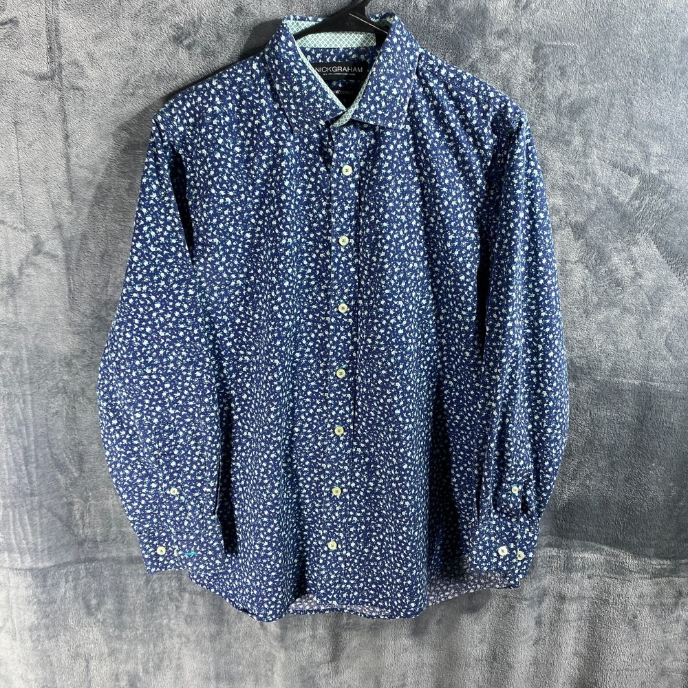 Nick Graham Shirt Mens Medium Blue Floral Print Button Up Stretch Modern Fit AOP
